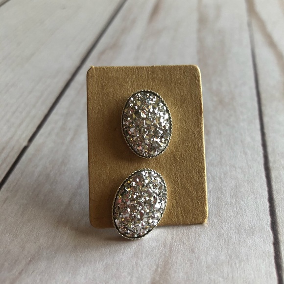 Silver Oval Chunky Druzy Stud Earrings! - Picture 4 of 6